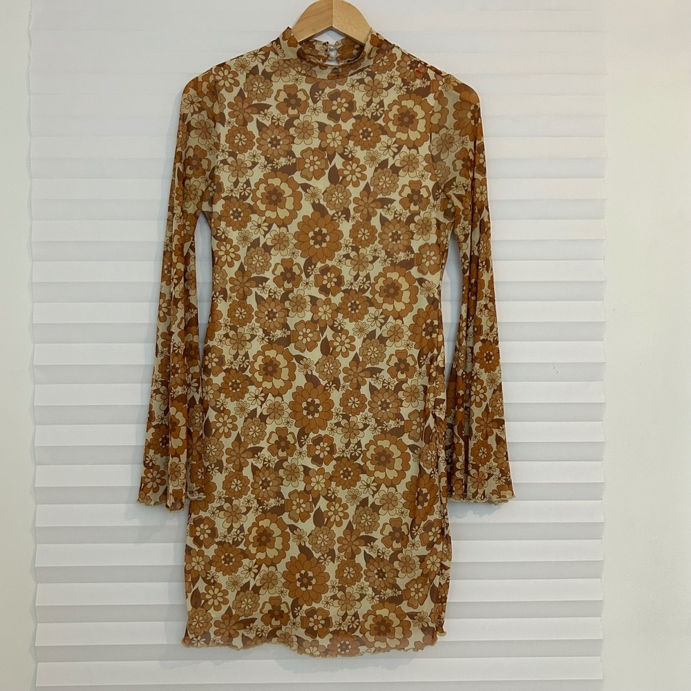 SHEIN MOD Floral Mesh‎ Trumpet Sleeve Mock Neck Mini Dress L Retro 70's Style